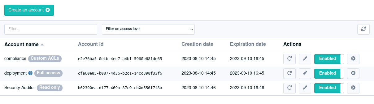 General API tokens settings