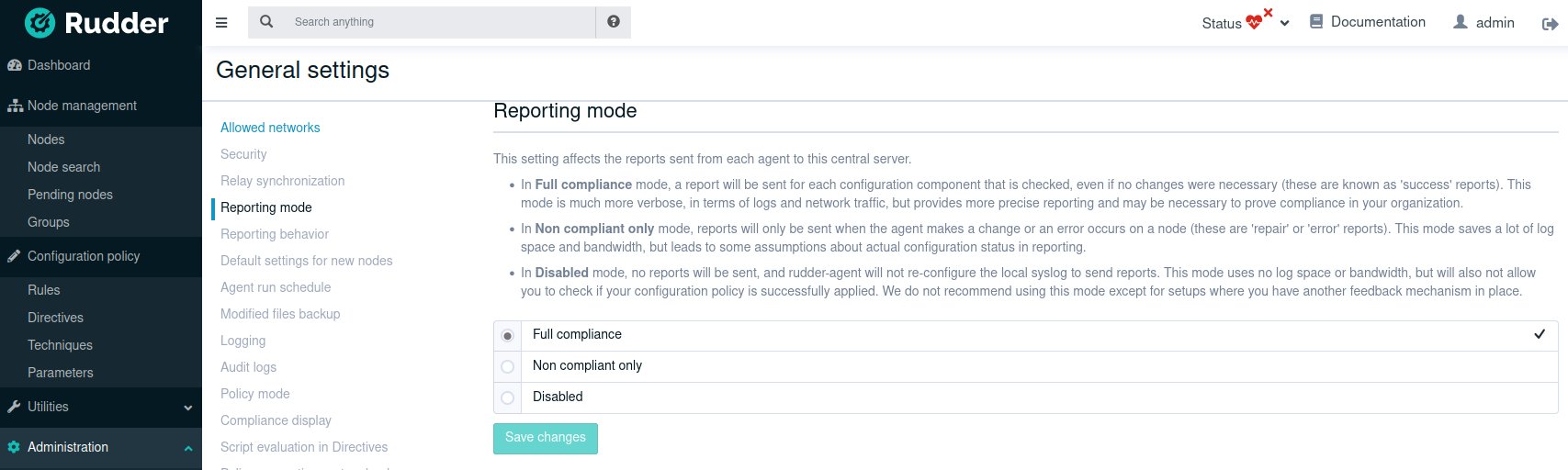 Global configuration of reporting mode