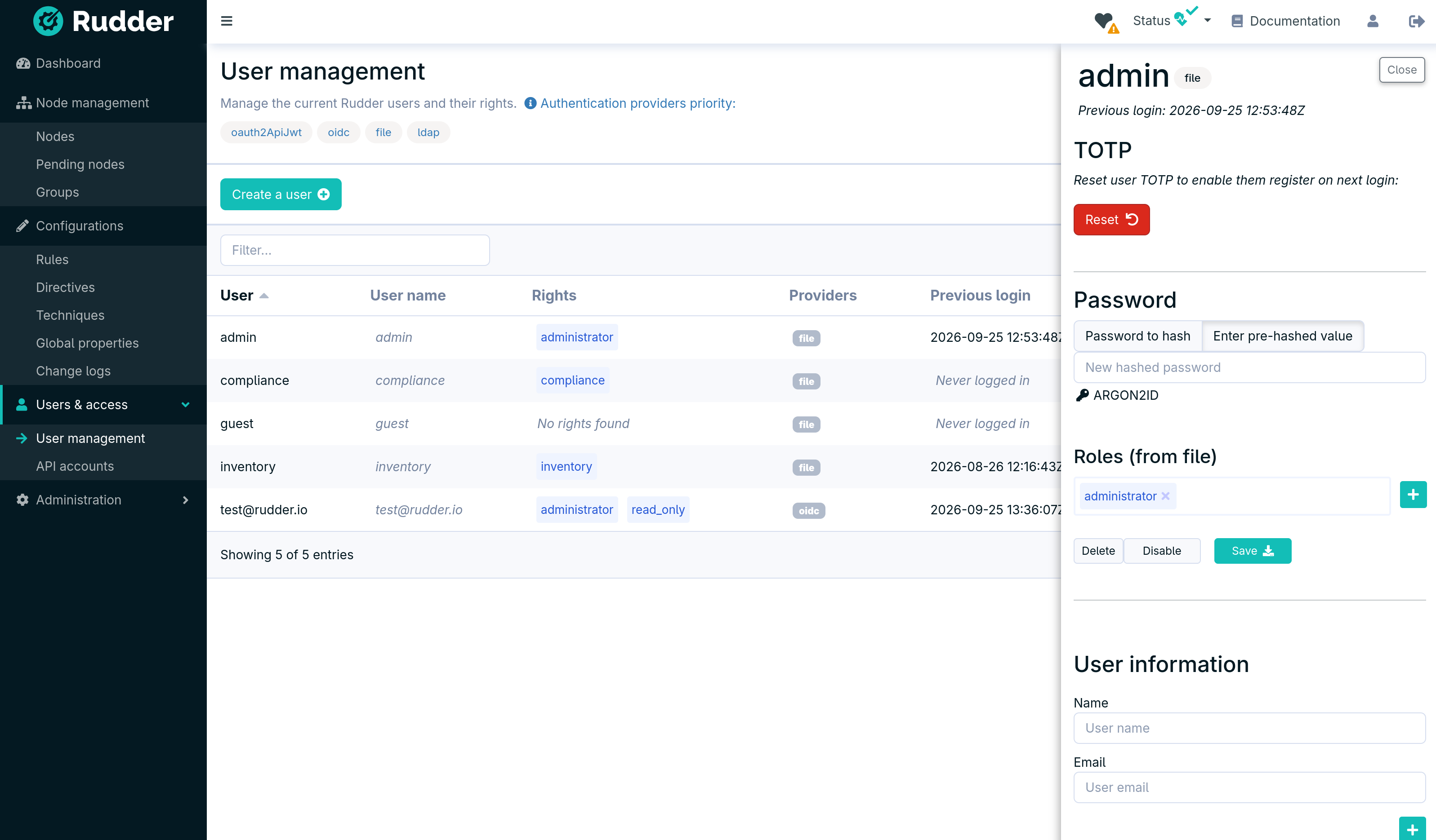 Reset TOTP of a user in the user management interface